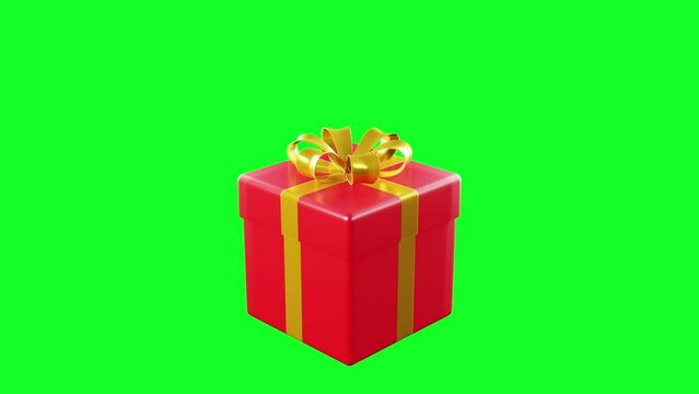 3D render of Red gift box with golden ribbon, anime, the lid of the box opens and closes continuously. Green and black background for Christmas, New Year, Birthday.