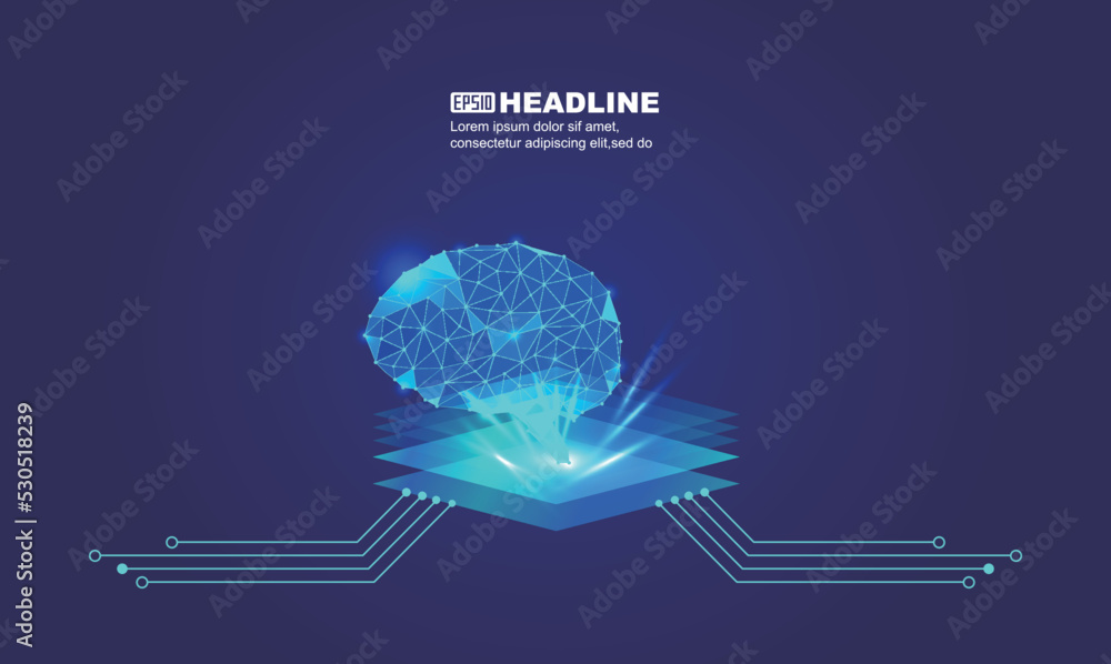 Poster circuit board, dots line surface link brain artificial intelligence brain machine concept
