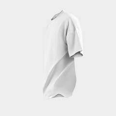 Oversized white t-shirt template 3D rendering, side view, universal cotton apparel with wrinkles, isolated on background.