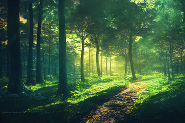Beautiful and Mystery Deep Forest with Grass Path. Fantasy Backdrop Concept Art. Realistic Illustration. Video Game Background Digital Painting. CG Artwork. Scenery Artwork. Serious Book Illustration
