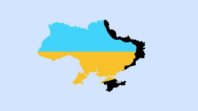 Ukraine country shape with the Crimean Peninsula, with blue yellow flag and borders - 2D animation . 2D animation of the map of Ukraine with military actions
