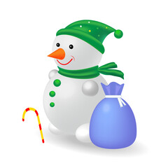 A snowman and a bag of gifts, vector image on a white background.     
Cartoon character for banners, flyers, illustrations. 3d.