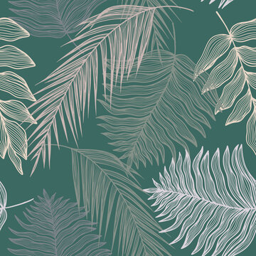 Tropical linear seamless pattern with monstera, palm leaf, fern, branches on green background. Line art  with different leaves