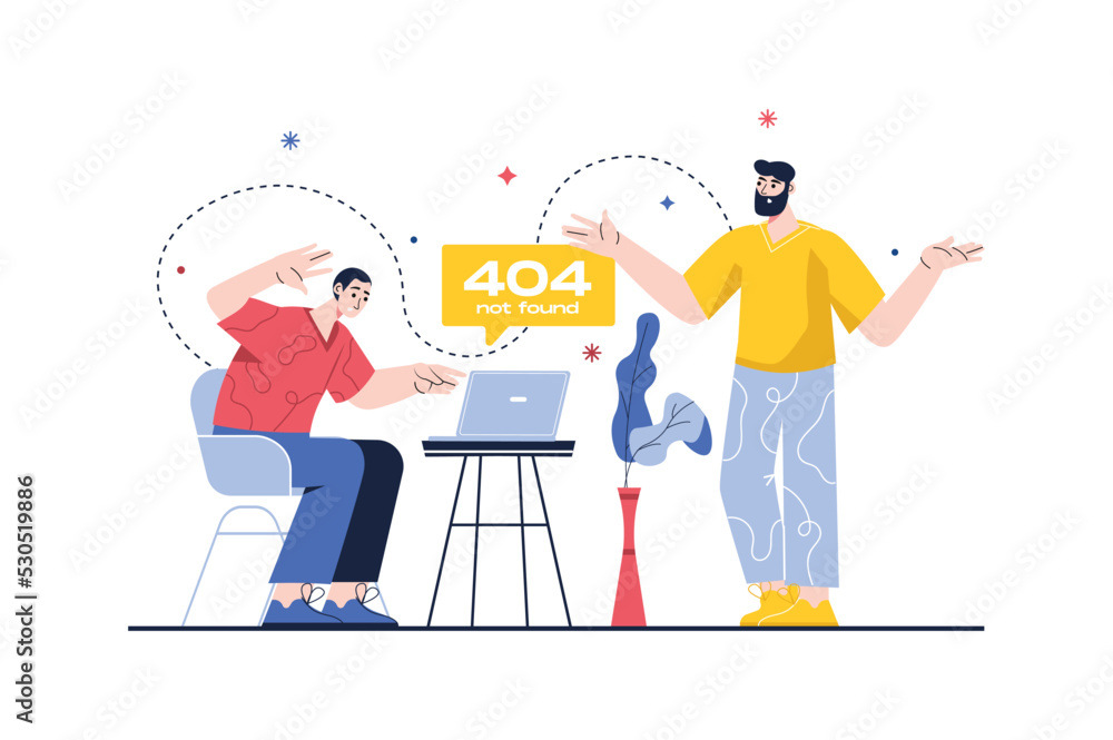 Aufkleber concept 404 not found with people scene in the flat cartoon design. two programmer try to find the e