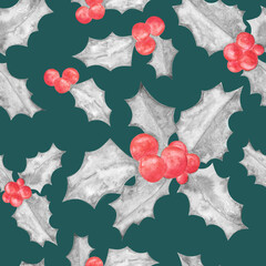 Hand drawn black and white holly leaves and red berries seamless pattern on green background.Aquarelle design element for printing wrapper and cards for New year, Christmas and X-mas party