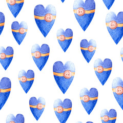 Watercolor hand drawn painted seamless pattern with blue heart shaped pillows with wooden button on white background. Illustration for print wraping paper, fabric, cards