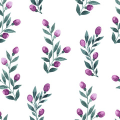 Hand drawn seamless endless watercolor floral pattern with small twigs with violet purple buds and burgeons on white background.Aquarelle backdrop as design element for printing