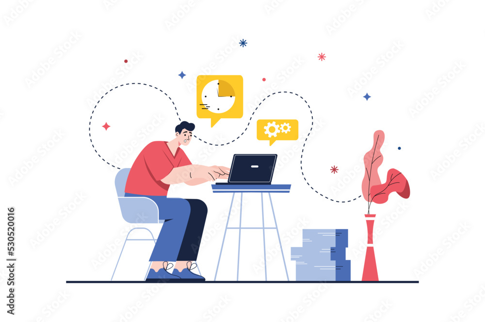 Poster concept deadline with people scene in the flat cartoon design. employee performs the task on the lap