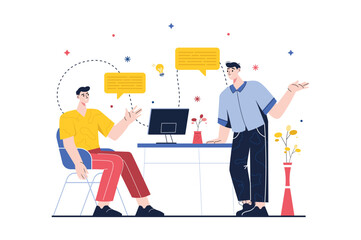 Teamwork concept with people scene in the flat cartoon style. Two colleagues work together in the office to improve the company. Vector illustration.
