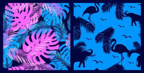 Fototapeta na wymiar Set tropical seamless patterns. Flamingo, elephant, birds and palm leaves and monstera. Prints, packaging template, textiles, bedding and wallpaper.
