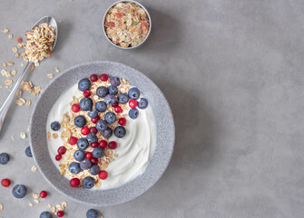 yogurt with blueberries, cranberries and granola on a light grey background, greek yogurt, healthy breakfast. Copy space.
