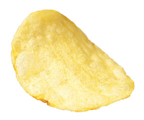 Single potato chip isolated on white background.