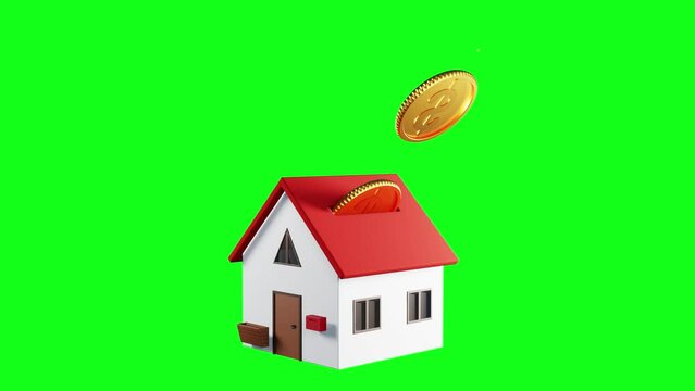 3D render of The gold coin moves into the house icon model. Like real estate investment, home installment, used for investment websites, buying houses, buying real estate on black background and green