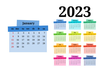 Calendar for 2023 isolated on a white background