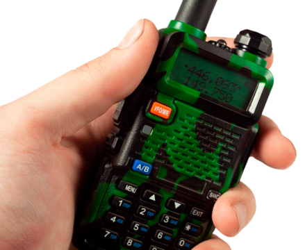 Portable radio in a human hand close up, without background