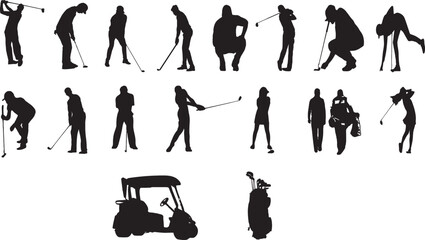 Set of golfer silhouette and its element which include golf beg and golf buggy. Vector illustration isolated on white background