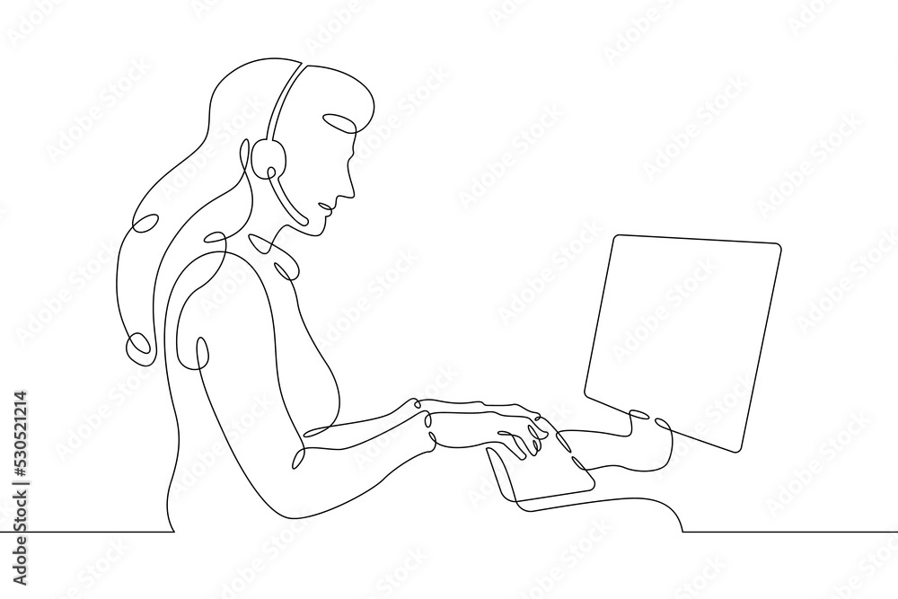 Poster one continuous line.call centre.woman call center operator. handling calls and messages. operator wi