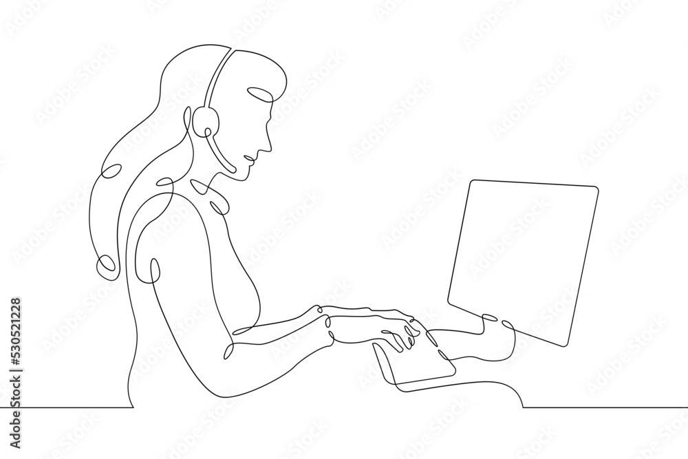 Poster one continuous line.call centre.woman call center operator. handling calls and messages. operator wi