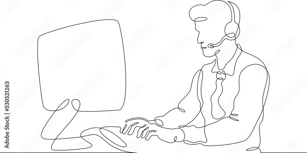 Poster one continuous line.call centre.male call center operator. handling calls and messages. operator wit