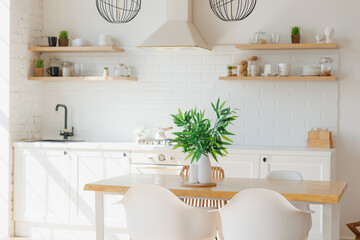 White room organization kItchen scandinavian interior design. Open shelves for storage, ceramic hog...