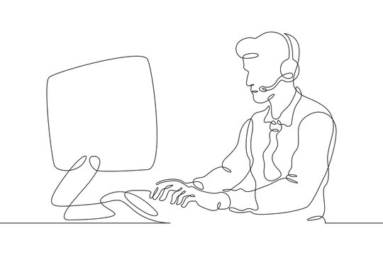 recommend clip art: One continuous line.Call centre.Male call center operator. Handling calls and messages. Operator with phone and computer. Manager in headphones with microphoneOne continuous line is drawn on a white 