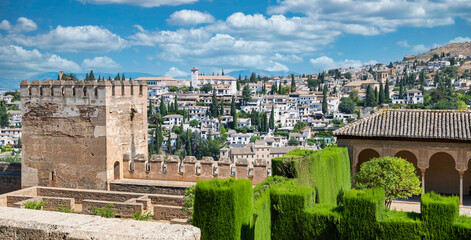 Fototapeta na wymiar Casas blancas de la ciudad de Granada vistas desde la Alhambra en primer plano, España