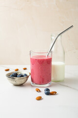 Fresh vegan smoothie with blueberry food copy space