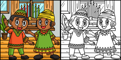 Kwanzaa Children And Kinara Coloring Illustration