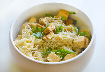 A homemade vegan pasta with greens and tofu. Good for any project.