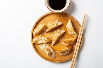 Overhead view of pan fried asian food gyoza