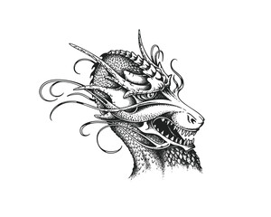Chinese Dragon Head. Print or Tattoo Design. Vintage Hand Drawn Vector Illustration