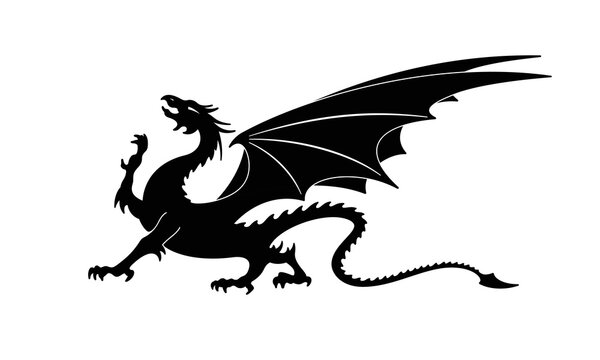 Dragon Silhouette Heraldic Coat of Arms. Print or Tattoo Design. Vintage Black and White Vector Illustration