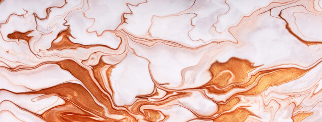 Abstract fluid art background bronze and white colors. Liquid marble. Acrylic painting with brown...