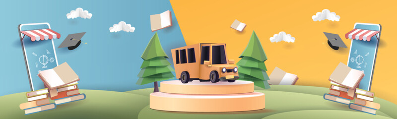 back to school colorful podium with school bus yellow and book elearning vector illustation 