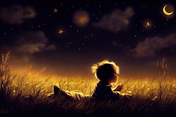 illustration kid in a field at night and watching the stars in the sky