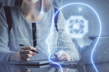 Multi exposure of woman hands working on computer and human brain hologram drawing. Ai tech concept.