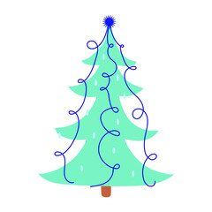 unusual crazy bright blue christmas tree with balls and blue ribbons