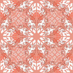 Tropical seamless pattern with monstera palm leaves, orange white color