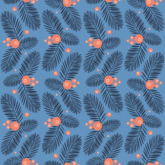 Tropical jungle seamless pattern palm leaf, blue orange color, vector illustration