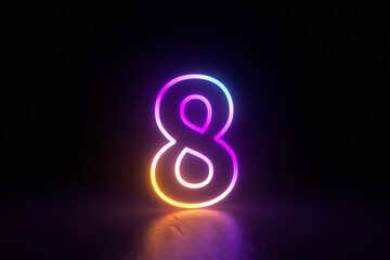 8 number character neon light black background isolated reflection illustration 3d render