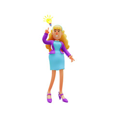  3D illustration. 3D character of Business Woman Showing Idea Pose. pointed light bulb. with a cheerful laugh. 3D Cartoon Character