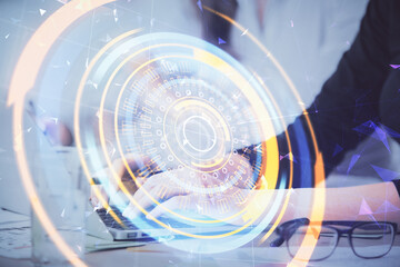 Double exposure of woman hands typing on computer and technology theme drawing. High Tech concept.