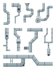 Ventilation pipe set. Vent system elements. Isolated cartoon parts. Air system, steel pipes details constructor on white background