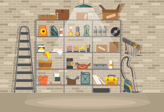 Interior of modern storeroom with metal shelves, storage, boxes, stair. Brick wall background with household instruments and cleaning accessories. Light lamp. Vector illustration in flat style