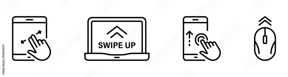 Poster swipe button on smartphone computer pc line icon set. scroll drag move click touch display gesture p