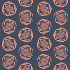 Disk mandala wheel seamless pattern on dark background, symmetrical color background for textile and wrapping paper design