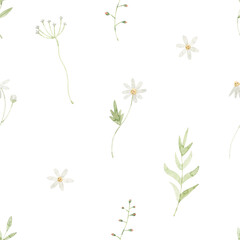 Watercolor seamless pattern with wildflowers. Spring illustartion. Summer background.