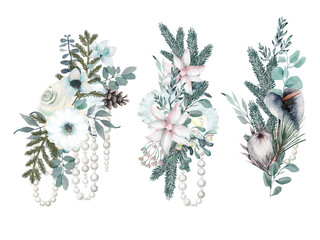 Fototapeta na wymiar Set of watercolor winter bouquets with white flowers, plants and pearl garlands; Christmas floral clipart on white background