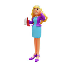 3D illustration.3D cartoon business woman holding a book. hands on head as if thinking showing a serious face. 3D Cartoon Character