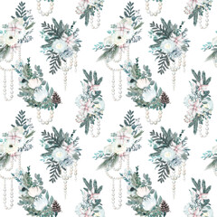 Seamless pattern of watercolor winter bouquets with white flowers, eucalyptus and pine branches, pearl garlands; illustration on white background - 530526842